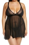 COQUETTE CAGED BACK MESH BABYDOLL CHEMISE & G-STRING THONG,20312