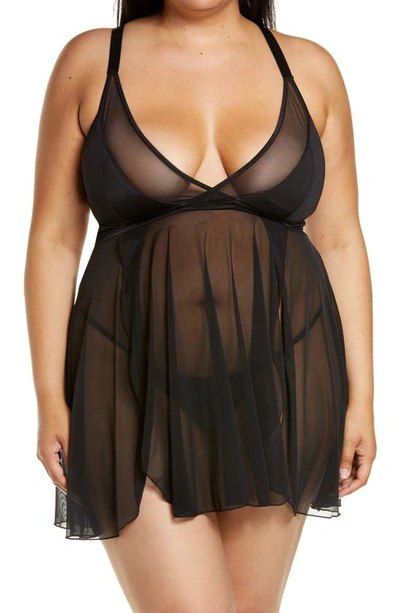 Coquette Caged Back Mesh Babydoll Chemise & G-string Thong In Black