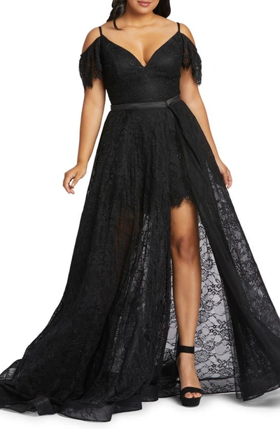 Mac Duggal Cold Shoulder Lace Romper With Sheer Overskirt In Black