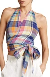 POLO RALPH LAUREN MADRAS PLAID SLEEVELESS LINEN WRAP BLOUSE,211838076001