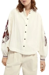 SCOTCH & SODA EMBROIDERED BALLOON SLEEVE COTTON & LINEN BLOUSE,161952