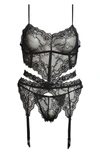 Coquette Lace Bra, Garter Belt & G-string Thong Set In Black