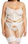 Coquette Lace Bra, Garter Belt & G-string Thong Set In White