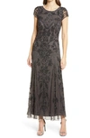 Pisarro Nights Beaded Mesh Column Gown In Ash/ Blue