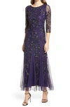 Pisarro Nights Illusion Sleeve Beaded A-line Gown In Midnight