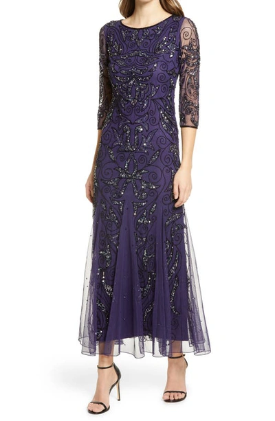 Pisarro Nights Illusion Sleeve Beaded A-line Gown In Midnight