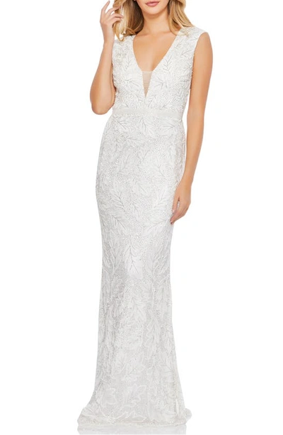 Mac Duggal Leaf Beaded Illusion Plunge Neck Gown In White