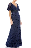 Mac Duggal Floral Appliqué Flutter Sleeve Lace Gown In Mid Night