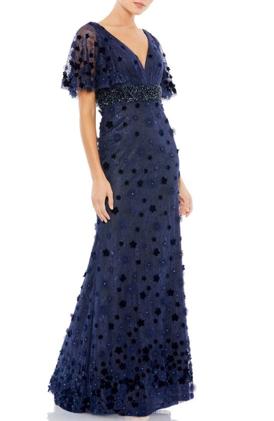 Mac Duggal Floral Appliqué Flutter Sleeve Lace Gown In Mid Night