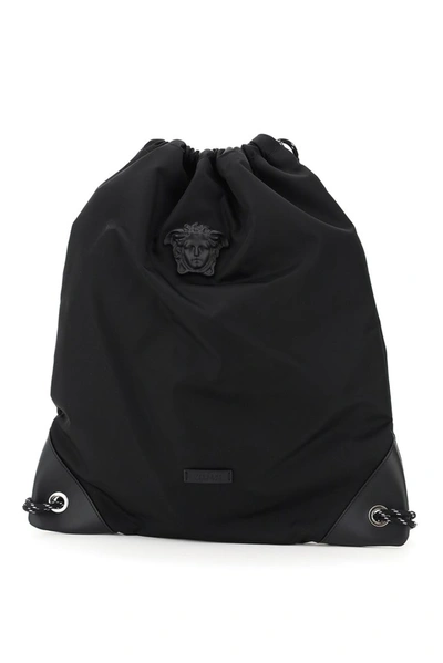 Versace Medusa Nylon Backpack Sack In Black