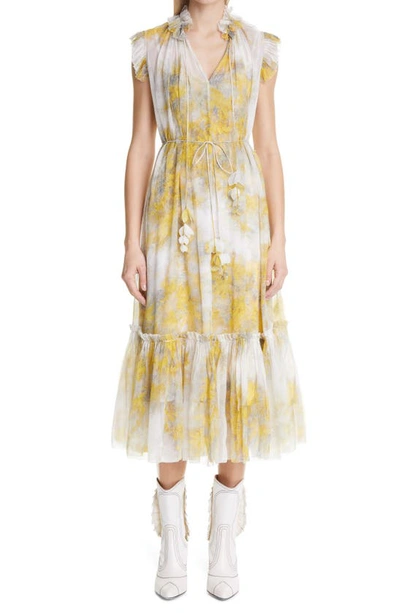 Zimmermann Wild Botanica Belted Ruffled Floral-print Silk-crepon Midi Dress In Yellow