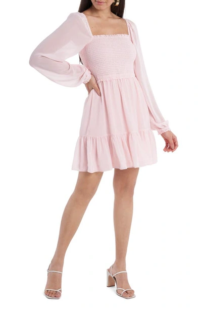 1.state Smock Bodice Ruffle Hem Long Sleeve Minidress In Pink Taffeta