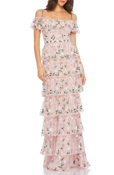 Mac Duggal Beaded Floral Tiered Chiffon Column Gown In Mauve