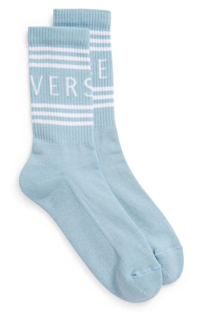 Versace First Line Stripe Crew Socks In Light Blue