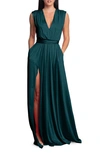 Dress The Population Krista Plunge Neck Side Slit Gown In Pine