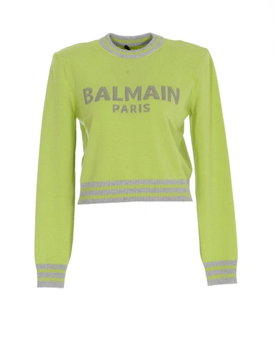Balmain Logo Intarsia Striped-trim Crop Sweater In Yellow