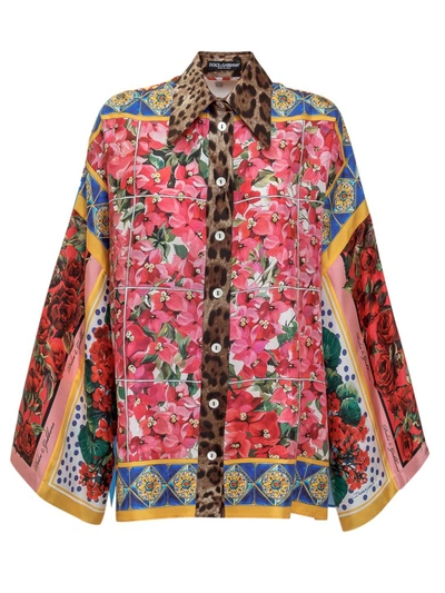 Dolce & Gabbana Mixed Foulard Print Silk Twill Shirt In Fuchsia,blue,brown