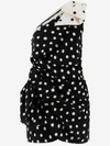 Saint Laurent Bow-embellished One-shoulder Draped Polka-dot Crepe Mini Dress In Noir Craie