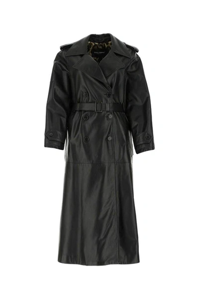 Dolce & Gabbana Belted Leather Trench Coat In Black