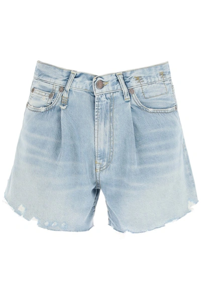 R13 Damon Distressed Pleated Denim Shorts In Blue