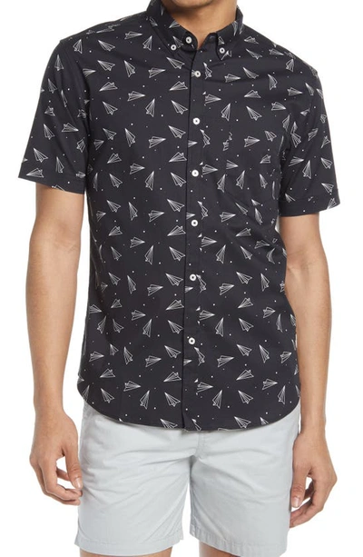 Public Art Paper Airplane Short Sleeve Button-down Shirt In Black