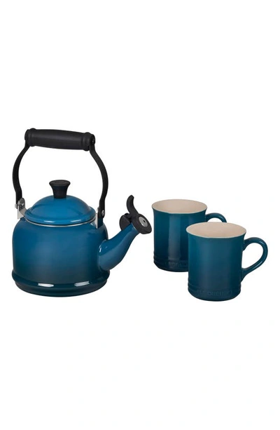 Le Creuset 3 Piece Demi Kettle And Stoneware Coffee Mug Set In Blue