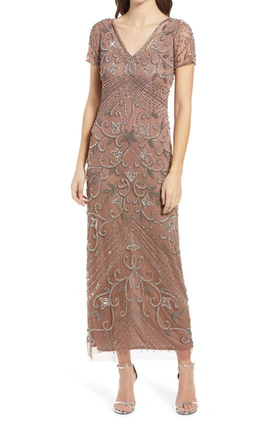 Pisarro Nights Beaded Mesh Column Gown In Mauve