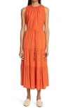Max Mara Kren Tiered Paneled Cotton-poplin And Jersey Midi Dress In Orange