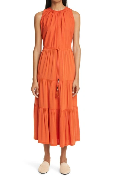 Max Mara Kren Tiered Paneled Cotton-poplin And Jersey Midi Dress In Orange