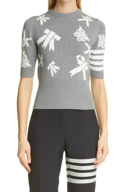 Thom Browne 4-bar Intarsia Ribbon Cotton Sweater In Light Grey