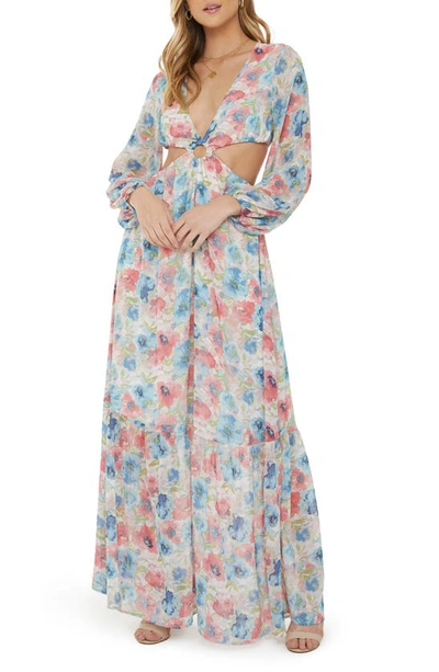 Vici Floral Plunge Neck Cutout Long Sleeve Maxi Dress In Pink/ Blue