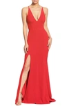 Dress The Population Iris Slit Crepe Gown In Rouge