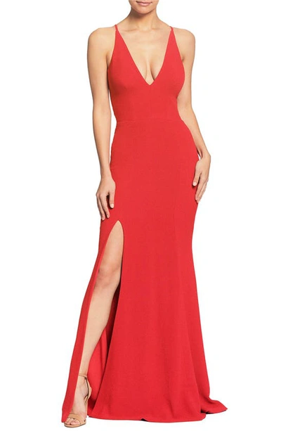 Dress The Population Iris Slit Crepe Gown In Rouge