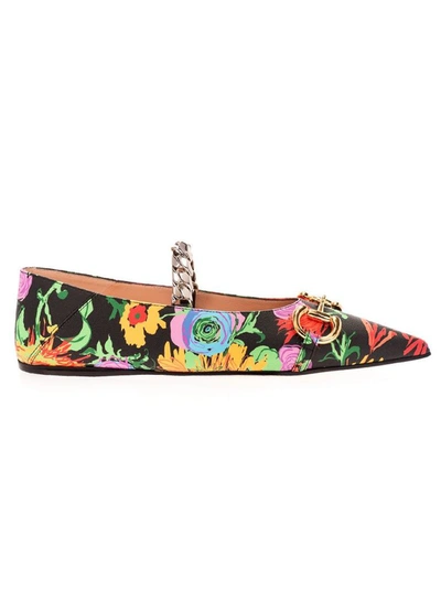 Gucci Floral Print Chain Ballet Flats In Black In Multicolor