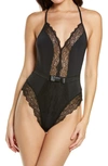 Black Bow Henny Satin & Lace Thong Bodysuit In Black