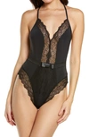 Black Bow Henny Satin & Lace Thong Bodysuit