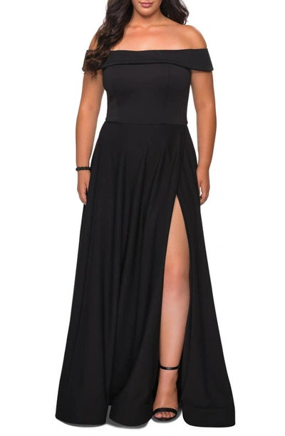 La Femme Off The Shoulder Foldover Neckline Gown In Black