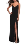 La Femme Jersey Halter Gown With Ruching In Black