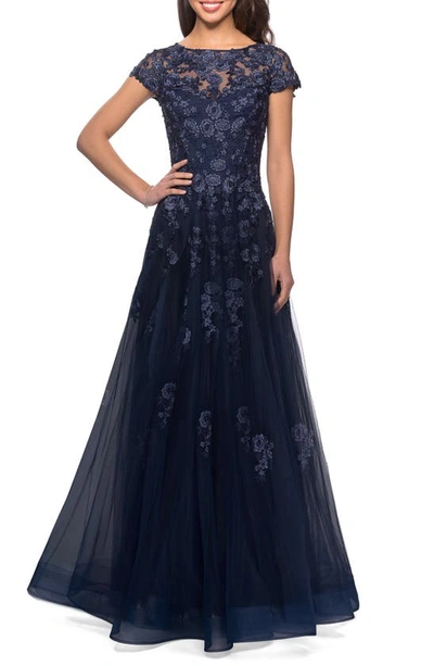 La Femme Embellished Mesh A-line Gown In Navy