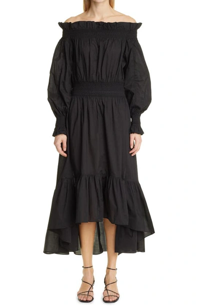 Adam Lippes Off-the-shoulder Shirred Cotton And Silk-blend Dress In Black