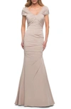 LA FEMME PLEATED JERSEY TRUMPET GOWN,29805