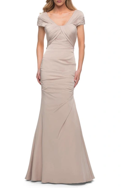 La Femme Pleated Jersey Trumpet Gown In Beige