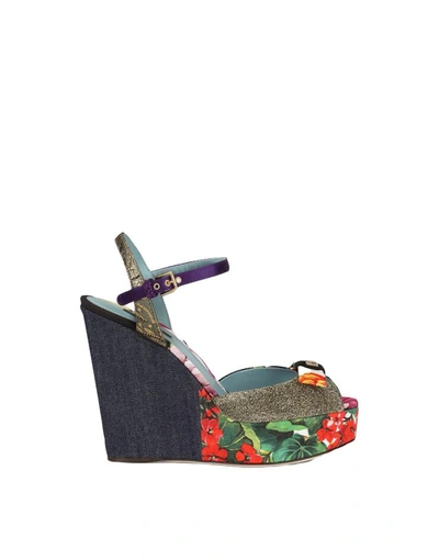 Dolce & Gabbana Wedge Sandals In Patchwork Fabrics In Blu