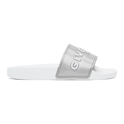 Givenchy Logo Band Slides In White And Grey In Silver