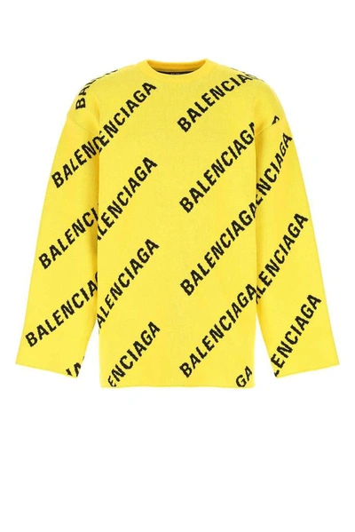 Balenciaga Cotton Sweater With Allover Logo In Yellow