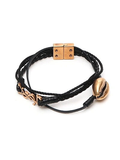 Saint Laurent Ysl Braided Leather Seashell Bracelet In Black