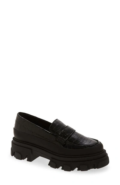 Ganni Croc-effect Patent Leather Loafers In Black