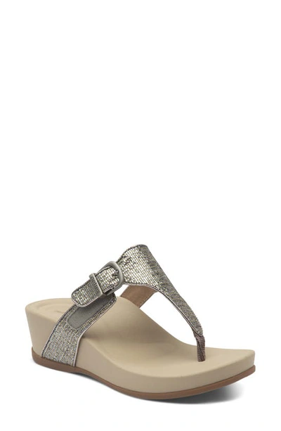 Aetrex Kate Water Resistant Wedge Flip Flop In Silver Faux Leather