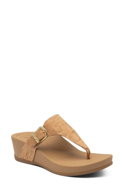 Aetrex Kate Water Resistant Wedge Flip Flop In Cork Faux Leather