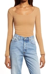 Allsaints Jamie Long Sleeve Ribbed Bodysuit In Desert Tan